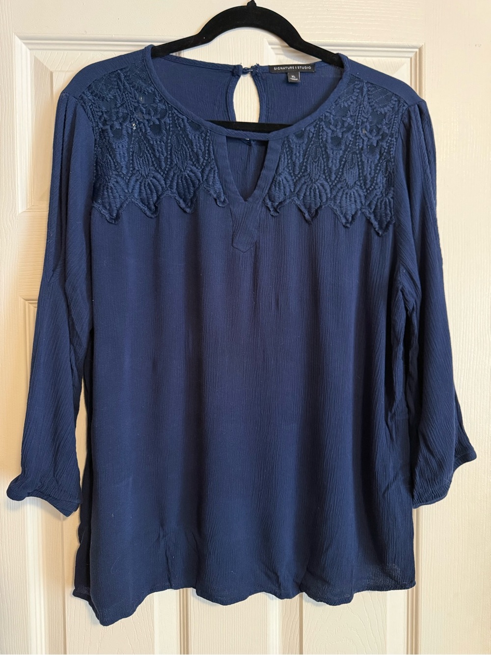 Signature Studio Navy Crochet-Yoke Tunic Top